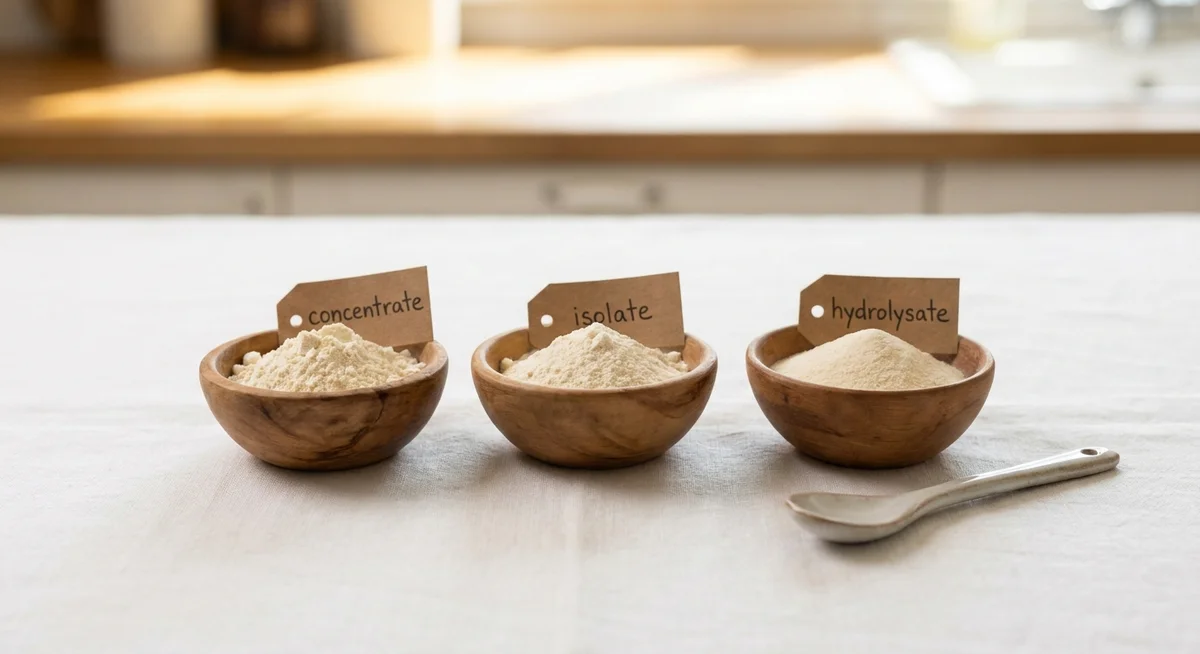 Three bowls comparing whey protein concentrate, isolate, and hydrolysate