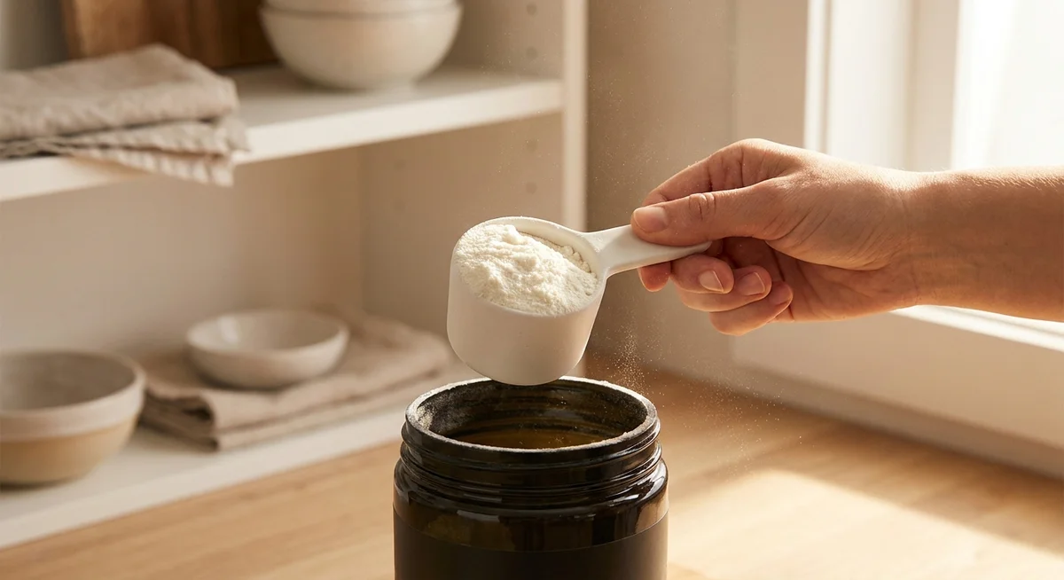 A scoop of fine white whey protein isolate powder being lifted from a tub