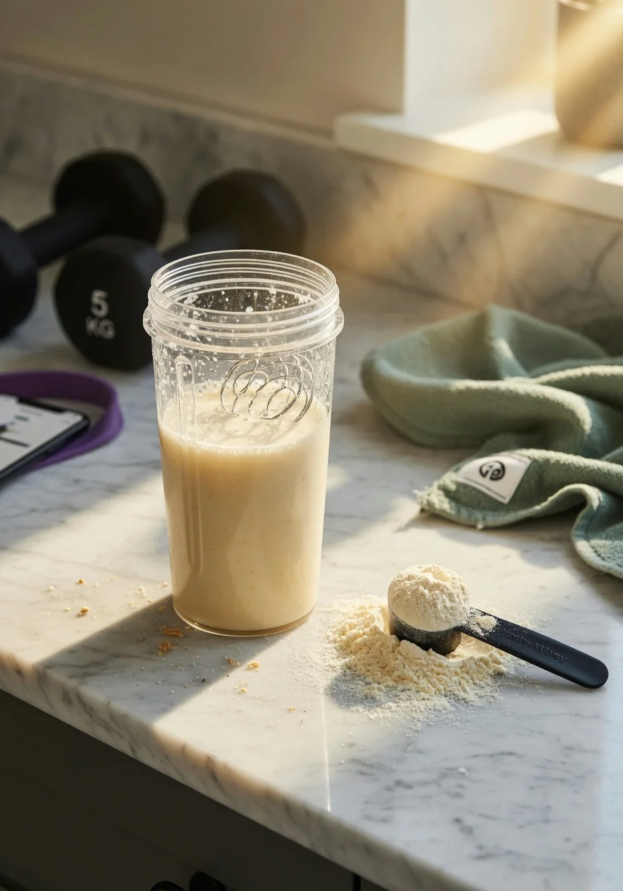 A freshly mixed whey protein isolate shake ready for post-workout
