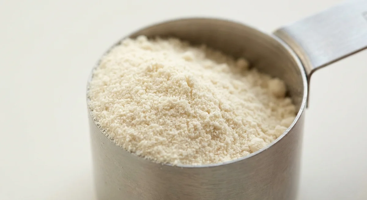 Close-up of fine whey protein isolate powder in a stainless steel scoop