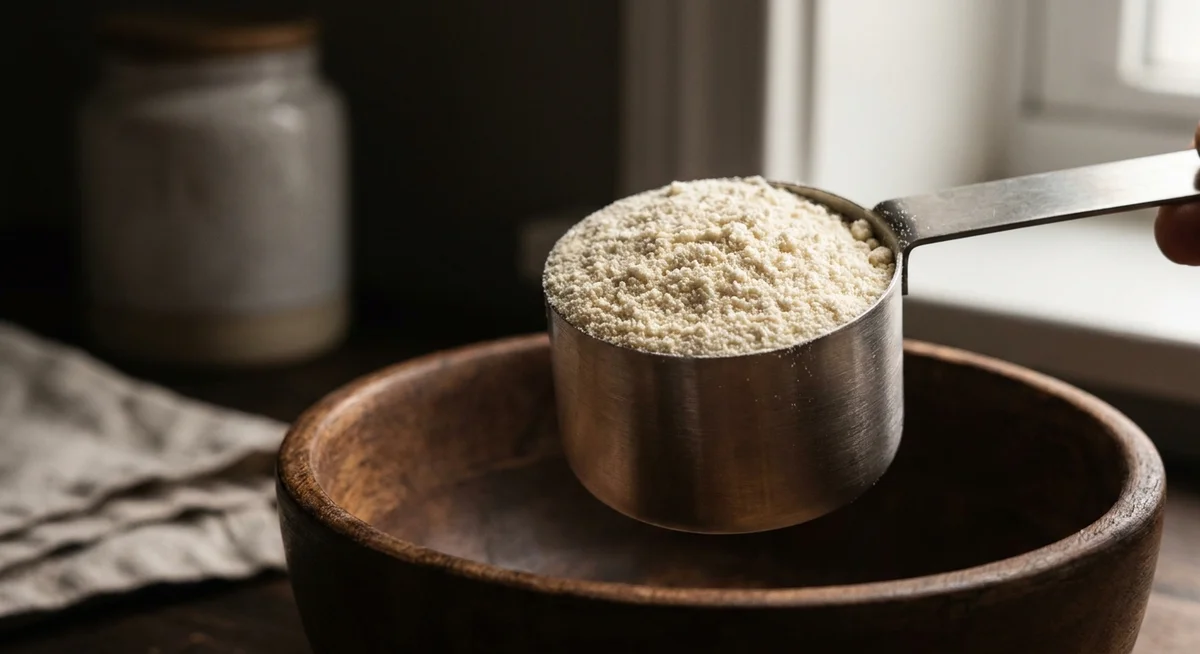 Close-up of a stainless steel scoop filled with fine whey protein powder