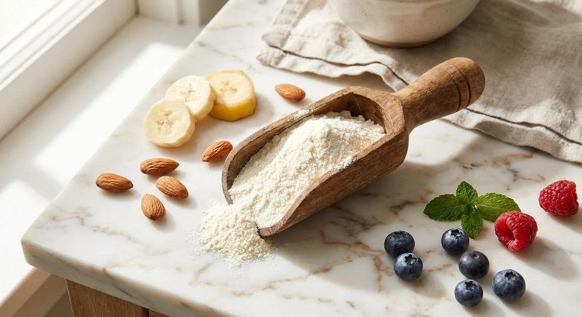A scoop of premium whey protein isolate powder with healthy ingredients