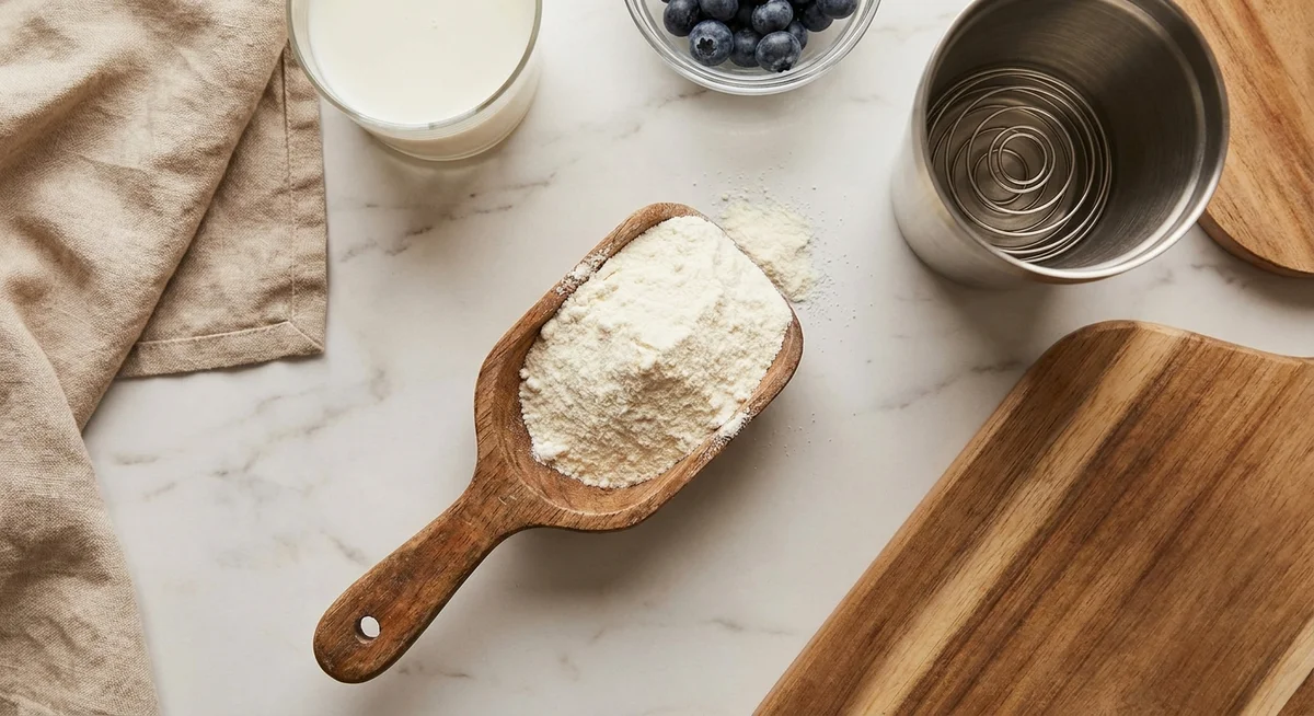 A scoop of premium whey protein isolate alongside fresh ingredients