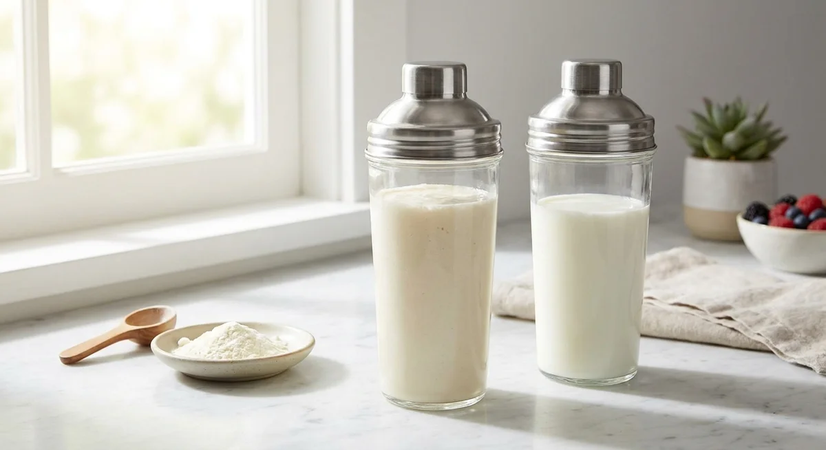 Two protein shakes on a kitchen bench showing the smooth consistency of premium whey isolate