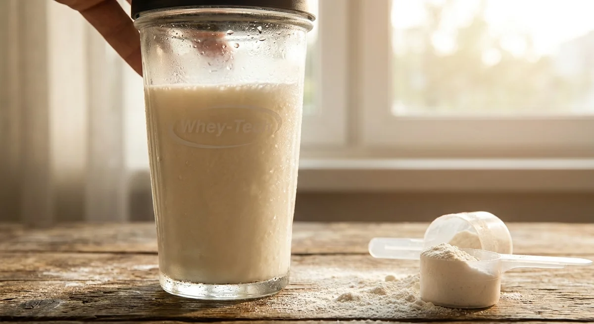 Freshly mixed whey protein shake in a glass shaker