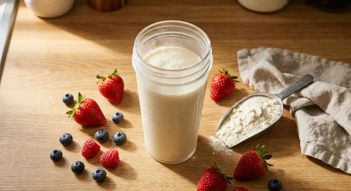 A freshly made protein shake with fresh berries and a scoop of whey isolate powder