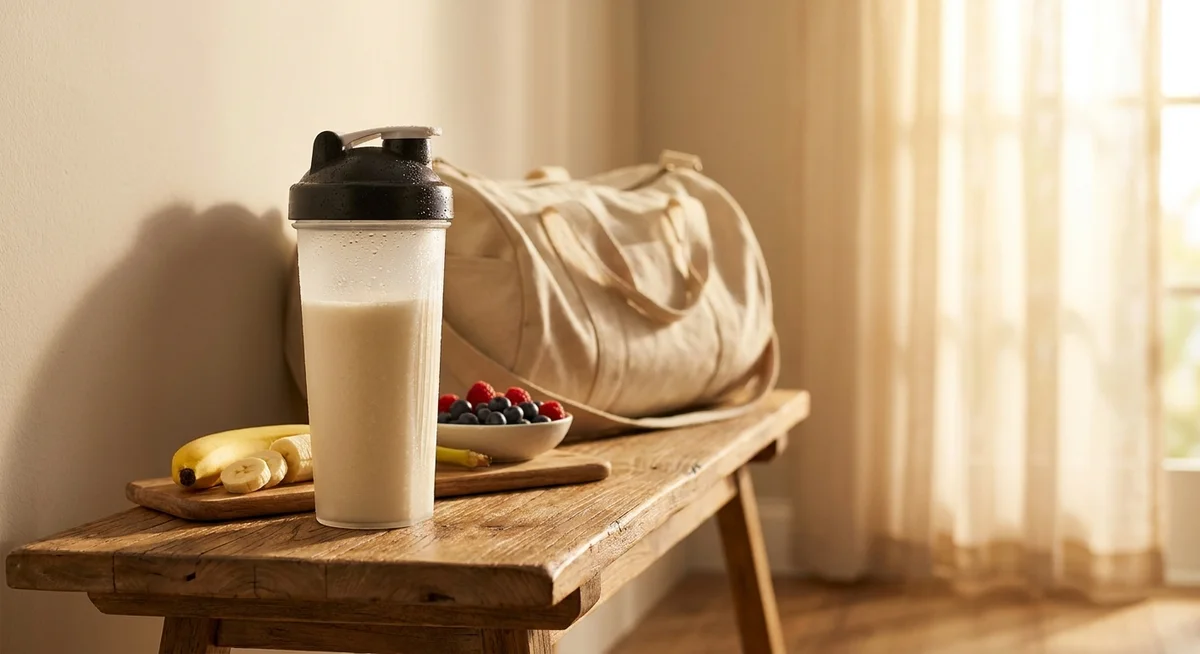 Vanilla protein shake on a kitchen bench with fresh fruit