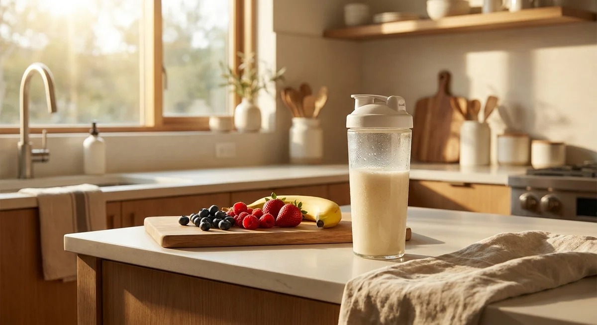 A freshly mixed protein shake on a kitchen counter with fresh fruit nearby