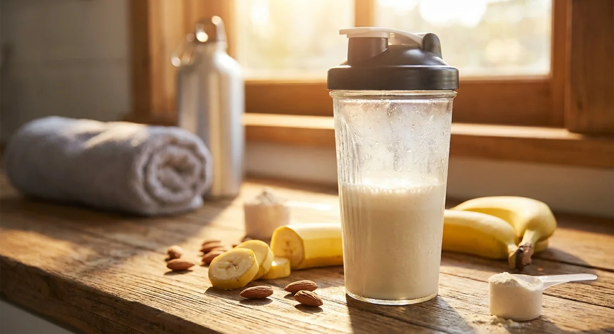 Vanilla whey protein shake on kitchen bench with fresh ingredients