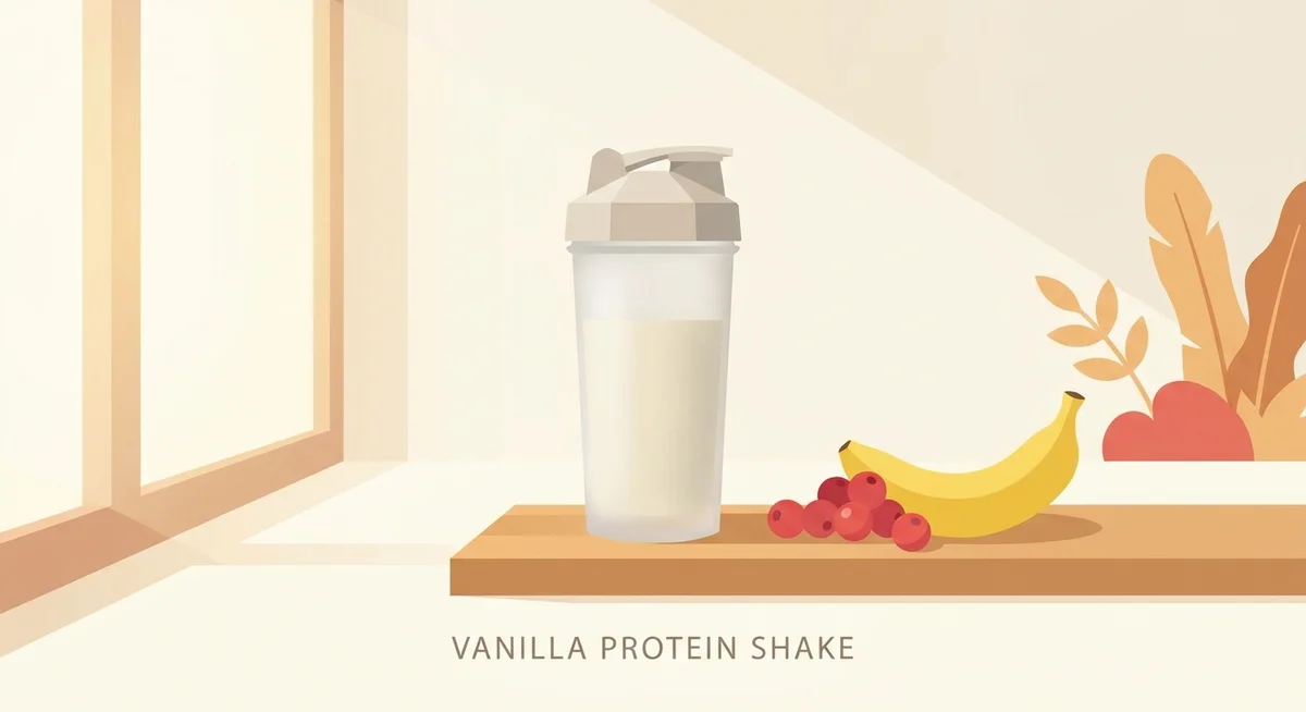 A protein shake in a glass shaker on a kitchen bench with fresh fruit nearby