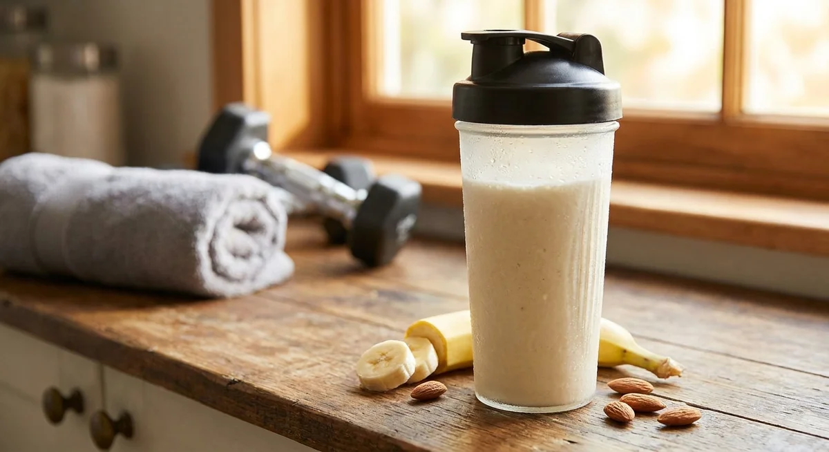 Protein shake prepared in a home kitchen after a workout