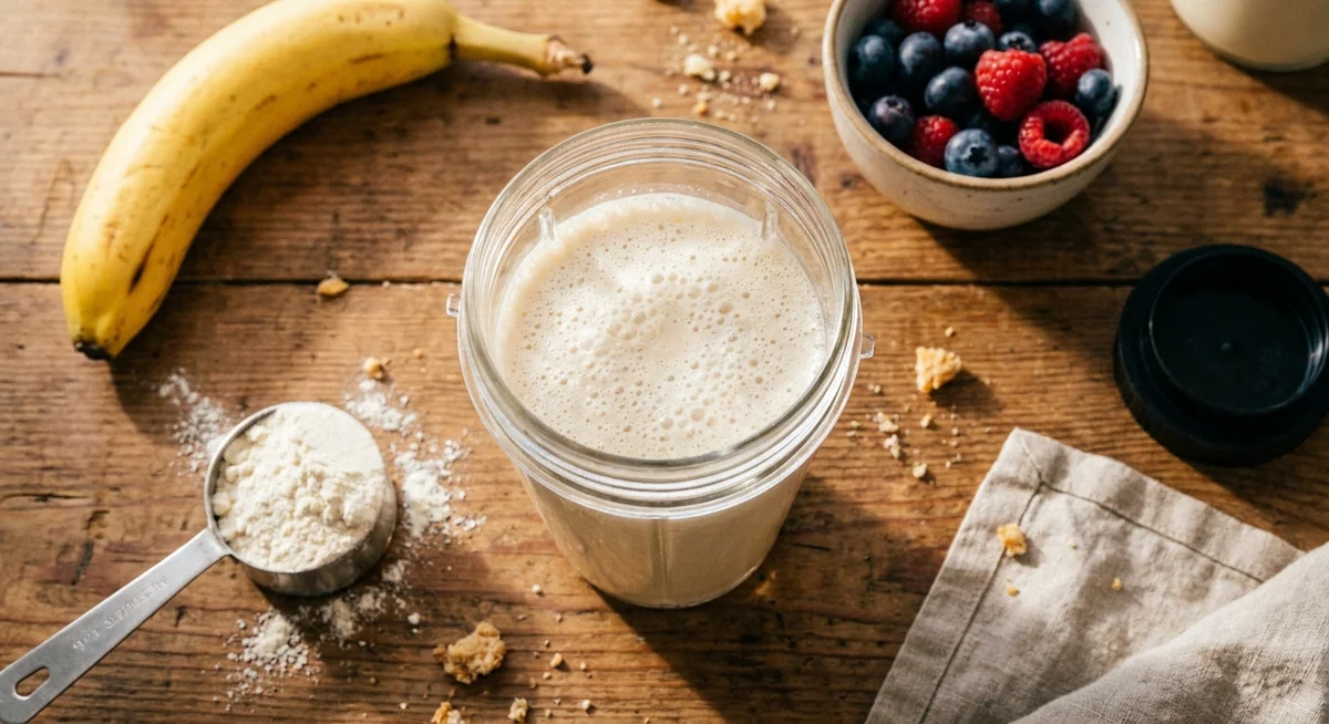 Freshly mixed whey protein shake with fruit and ingredients on a kitchen bench