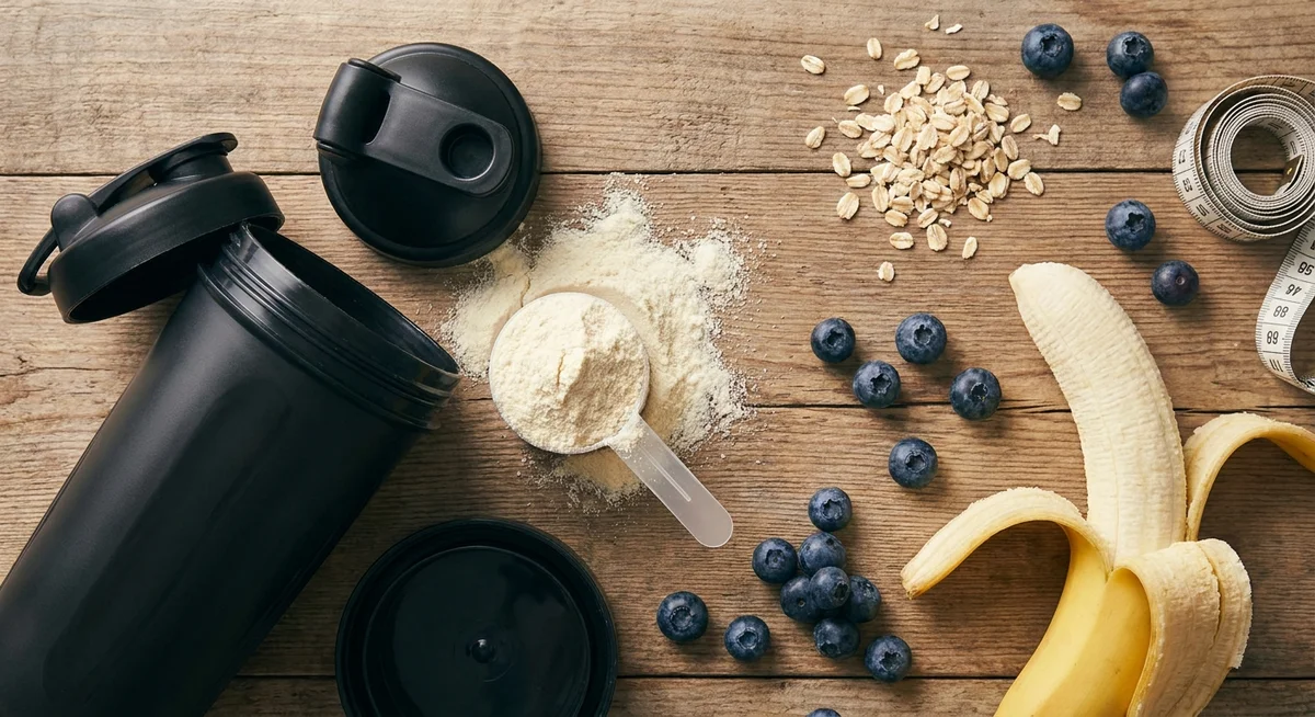 Premium whey protein powder with fresh ingredients arranged on a wooden surface