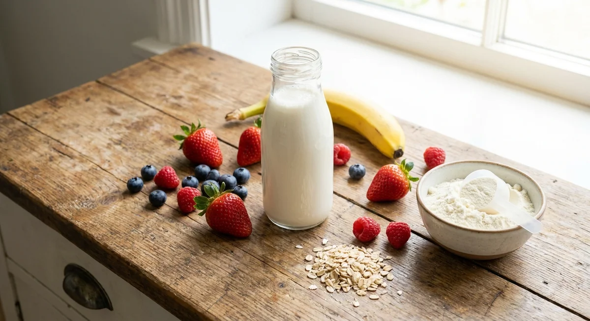 A clean protein shake with fresh fruit and oats arranged on a wooden kitchen counter