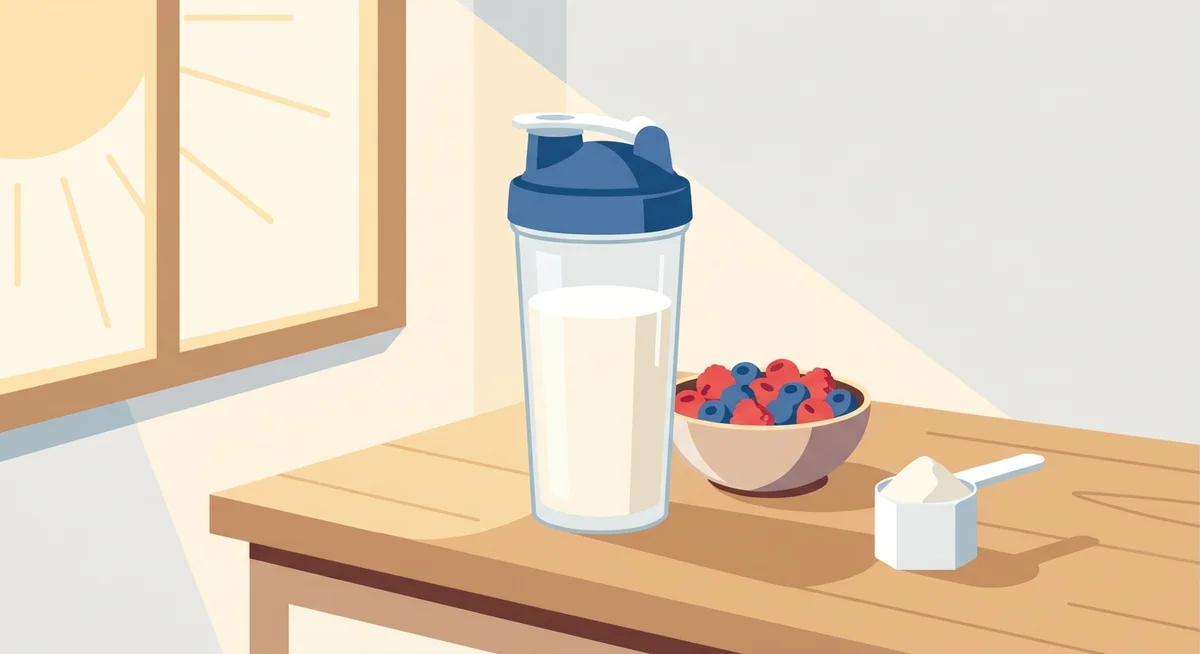 Protein shake prepared on a kitchen counter with fresh ingredients