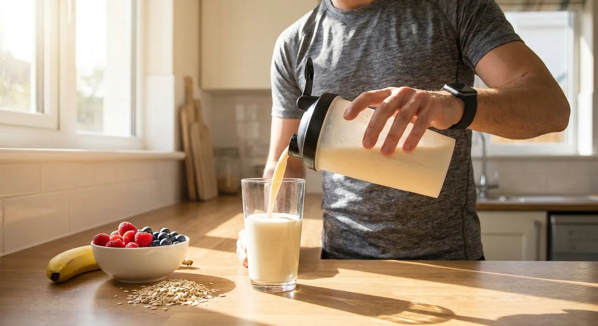 Person preparing a whey protein shake in a bright modern kitchen