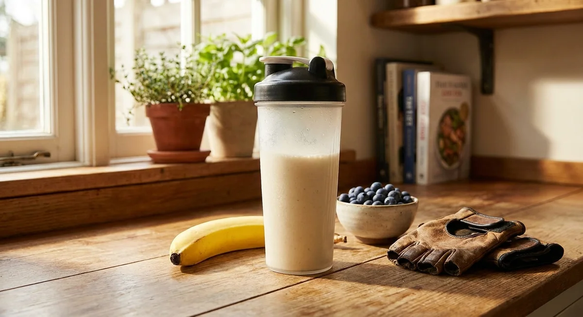 Protein shake on a kitchen counter with fresh fruit and gym gear