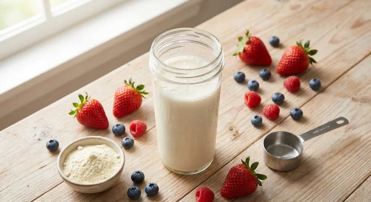 A freshly mixed whey protein isolate shake with fresh ingredients