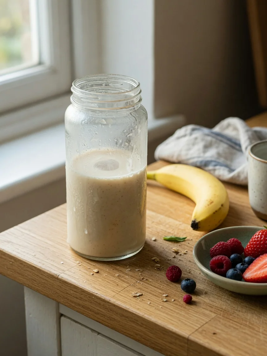 A creamy vanilla protein shake in a shaker bottle on a kitchen bench in morning light