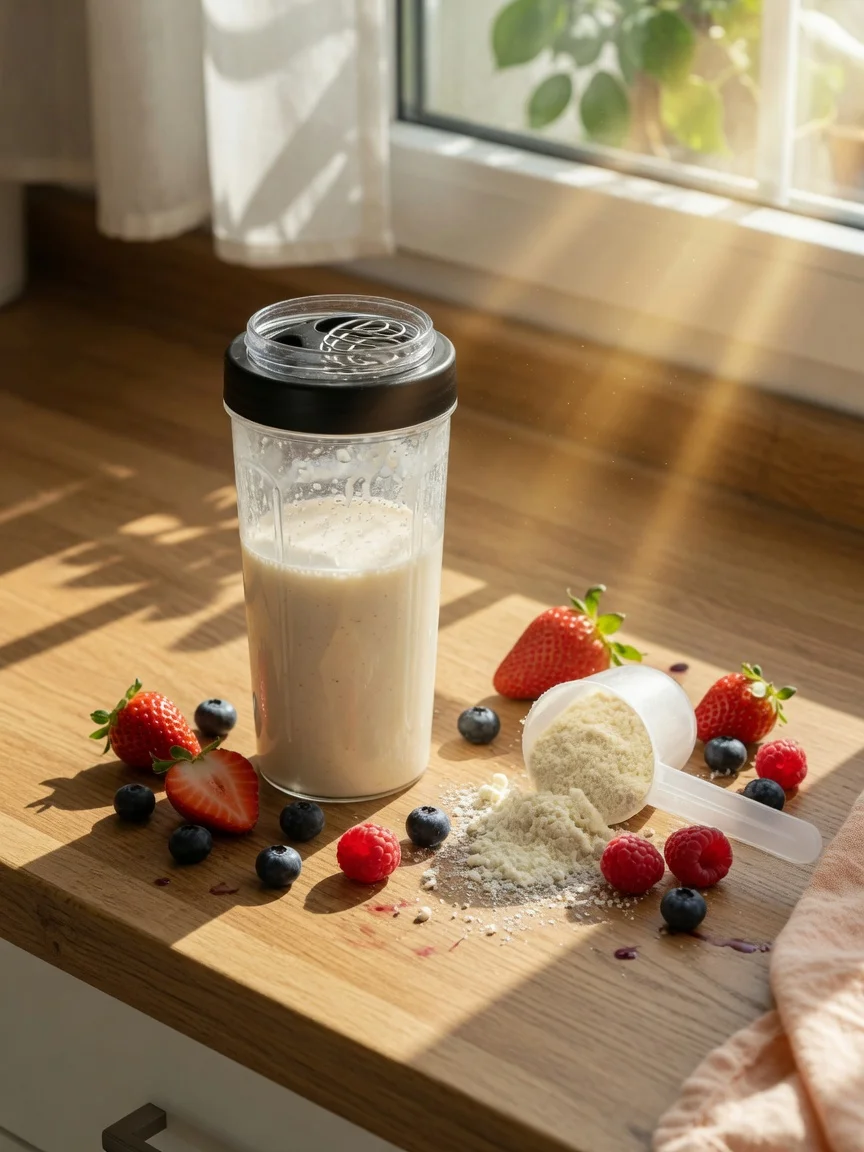 A protein shake on a countertop with a scoop of powder and fresh berries