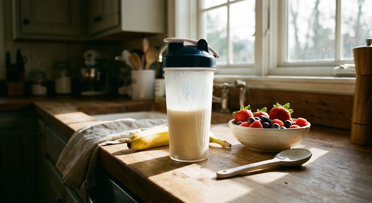 Creamy protein shake in a shaker with fresh fruit nearby