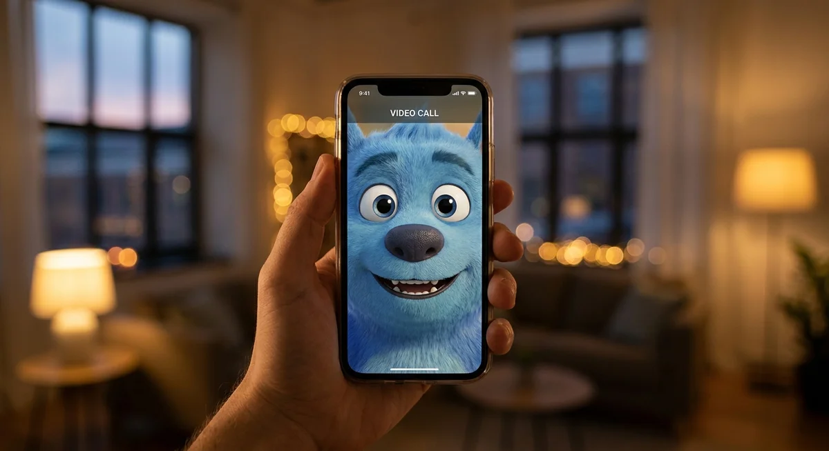 A phone showing a video call with an AI character in a casual setting