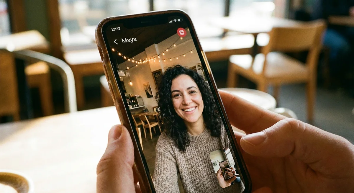 A phone screen showing a video call with an AI companion in a warmly lit cafe setting