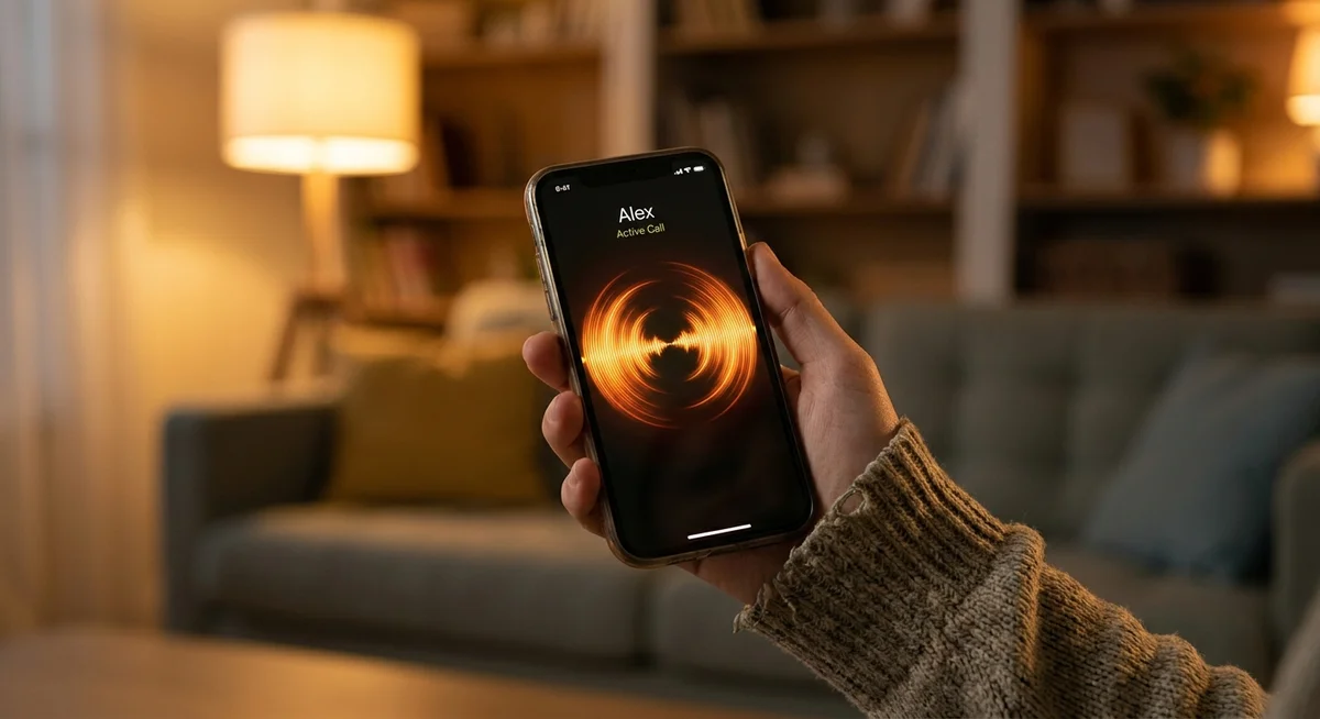 An active voice call on a smartphone showing a soundwave visualization
