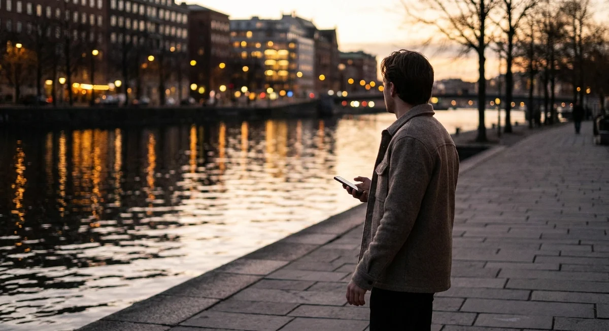 Evening walk along a waterfront while on a voice call