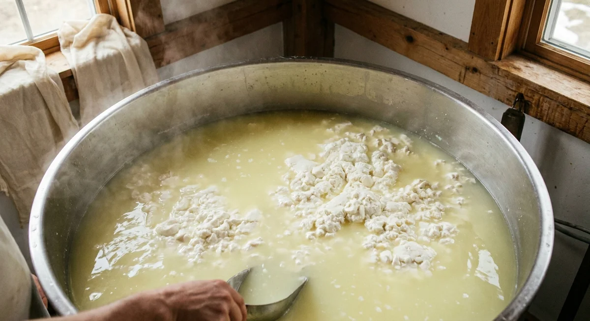 Cheese curds separating from liquid whey in a stainless steel vat