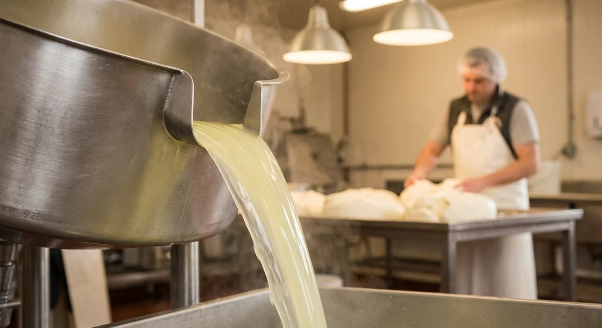 Liquid whey being separated during the cheesemaking process