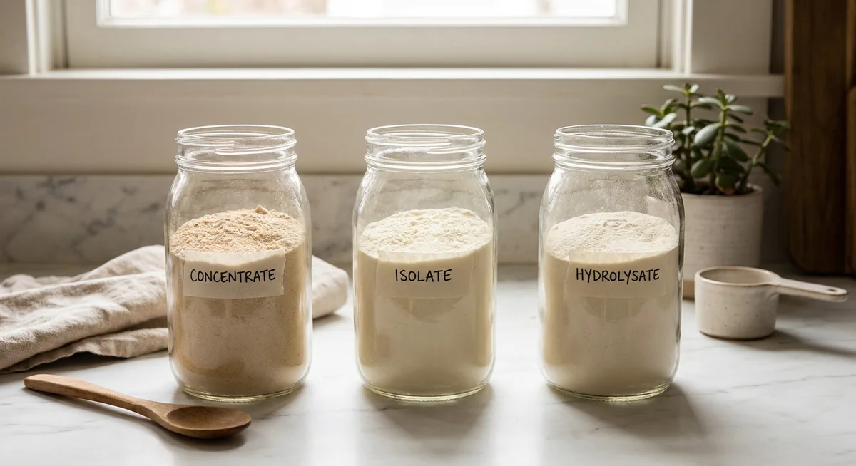 Three types of whey protein powder displayed side by side