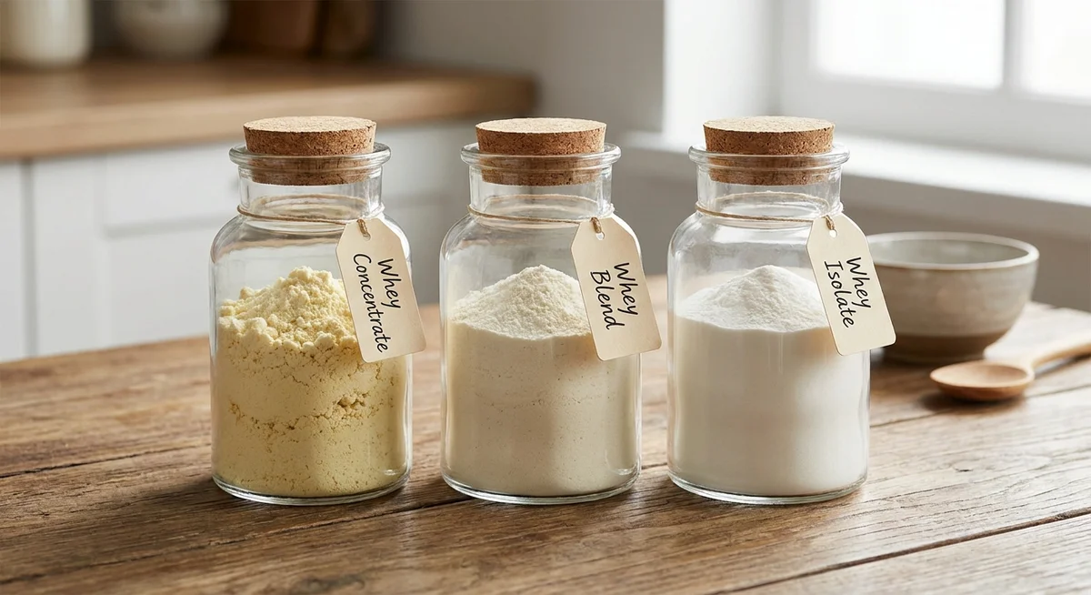 Comparison of whey protein concentrate, isolate, and hydrolysate powders in glass jars