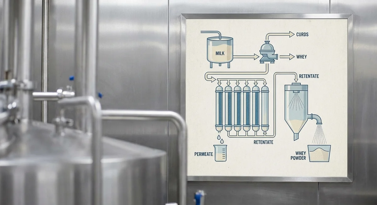 Diagram showing whey protein filtration from milk to powder
