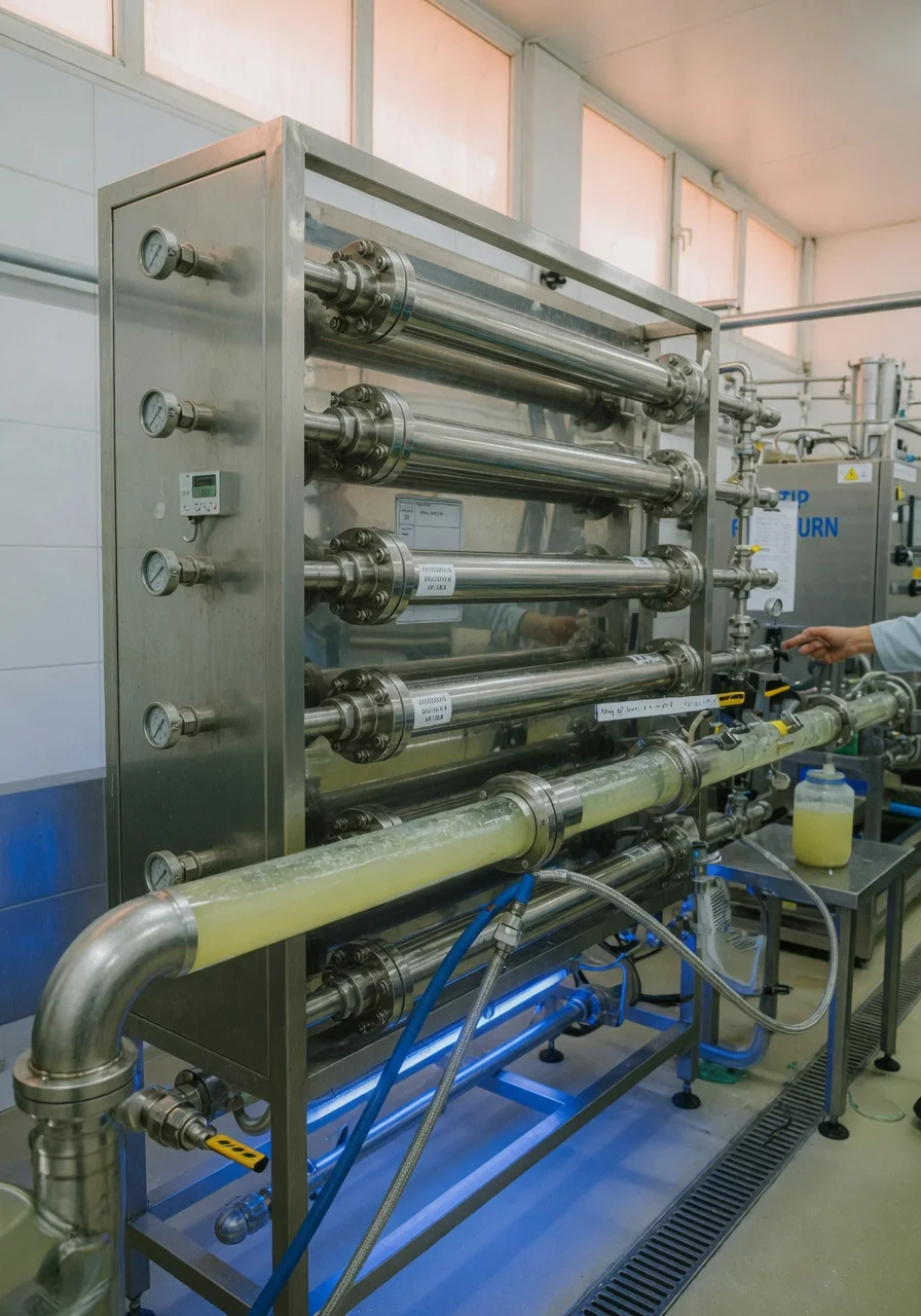 Stainless steel whey filtration equipment in a modern dairy facility