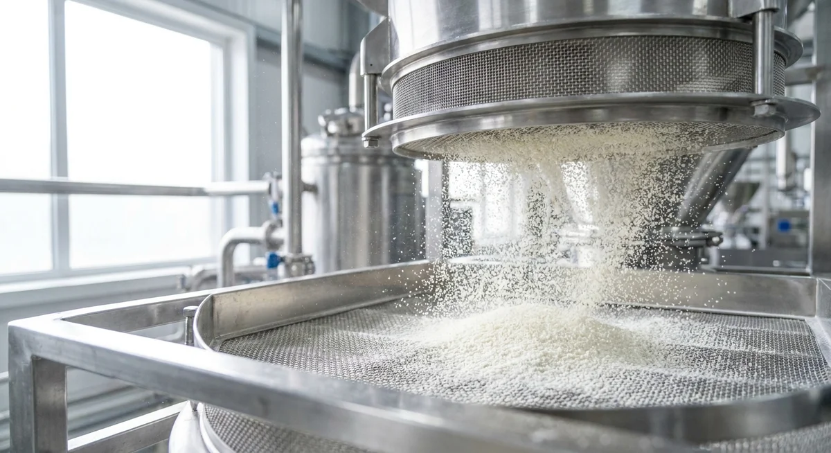 Whey protein powder going through filtration in a processing facility