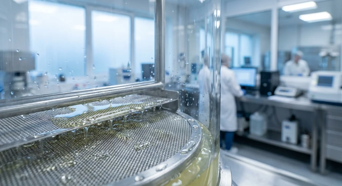 Whey protein liquid being processed through filtration membranes in a modern dairy facility
