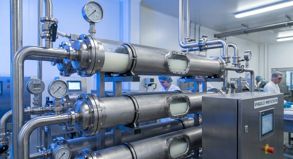 Industrial ultrafiltration system processing liquid whey into protein concentrate