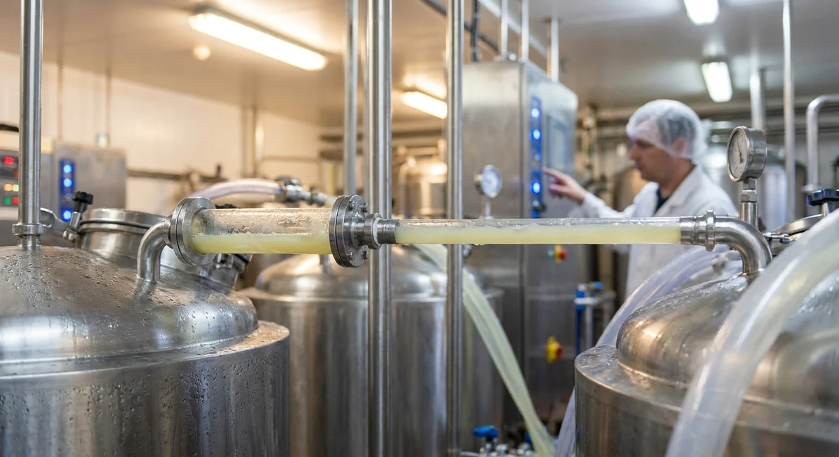 Industrial whey filtration equipment in a clean dairy processing facility