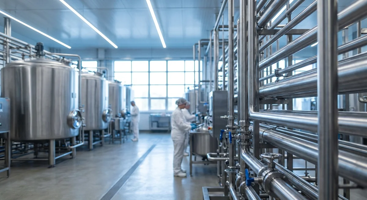Stainless steel filtration tanks in a dairy processing facility